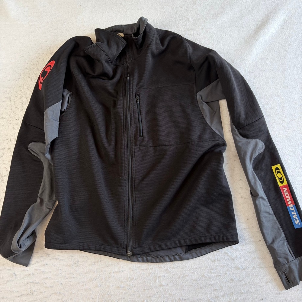 Salomon Full Zip Jacket Mens Large Black Gray Mock Neck Fleece Lined Athletic